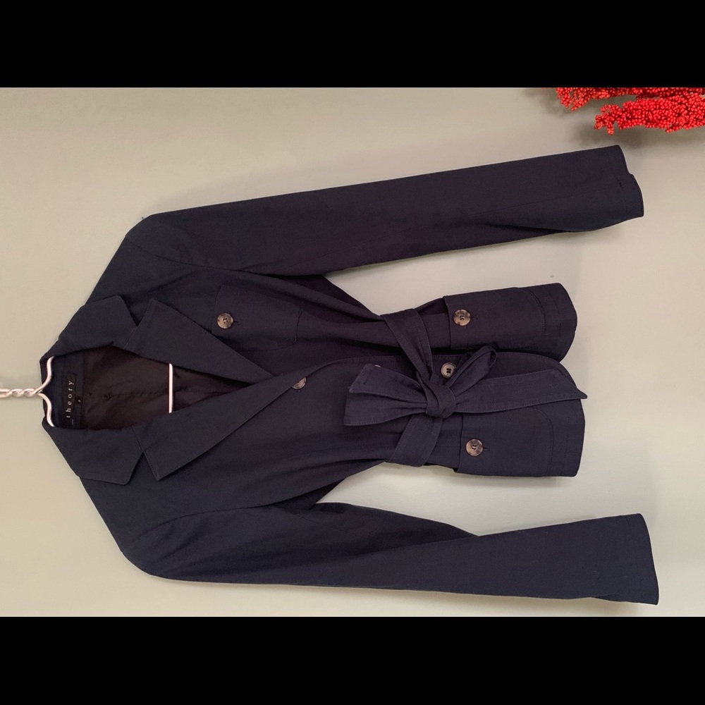 Navy Theory Padded Shoulder Blazer with Belt